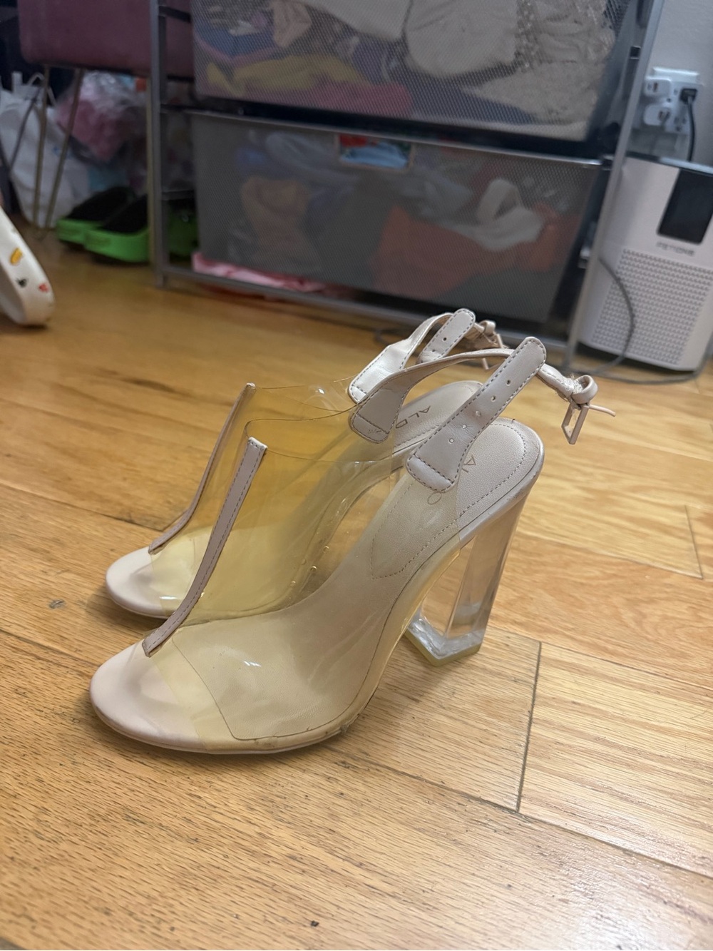 Aldo Clear PVC T-Strap Block Heels with Tan Trim
